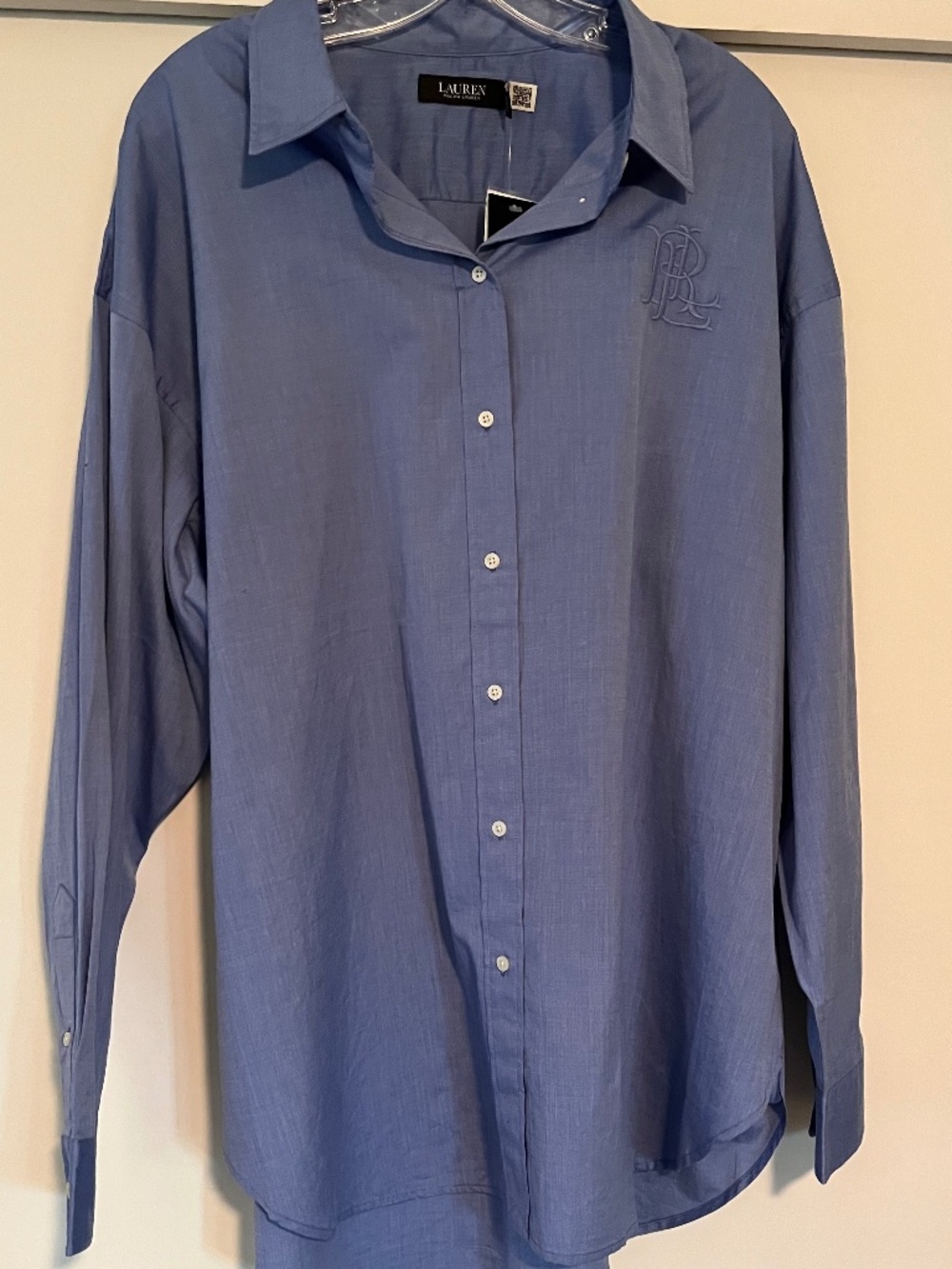 NWT Lauren Ralph Lauren Blue Button Front Shirt XXL Embroidered Logo Top